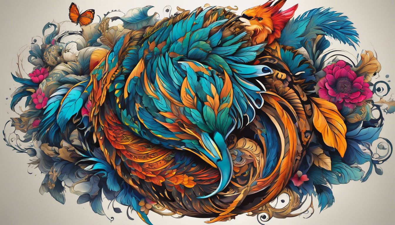 A captivating tattoo image showcasing animated animal motifs in fluid motion, using vibrant colors, intricate linework, and bold shading techniques