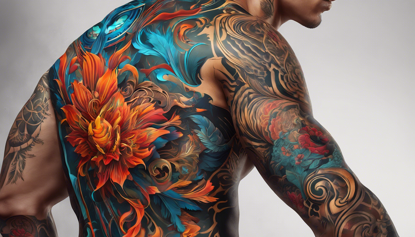 An electrifying visual masterpiece that fuses animated elements and abstract motifs, capturing the essence of dynamic tattoo designs exclusively tailored for men