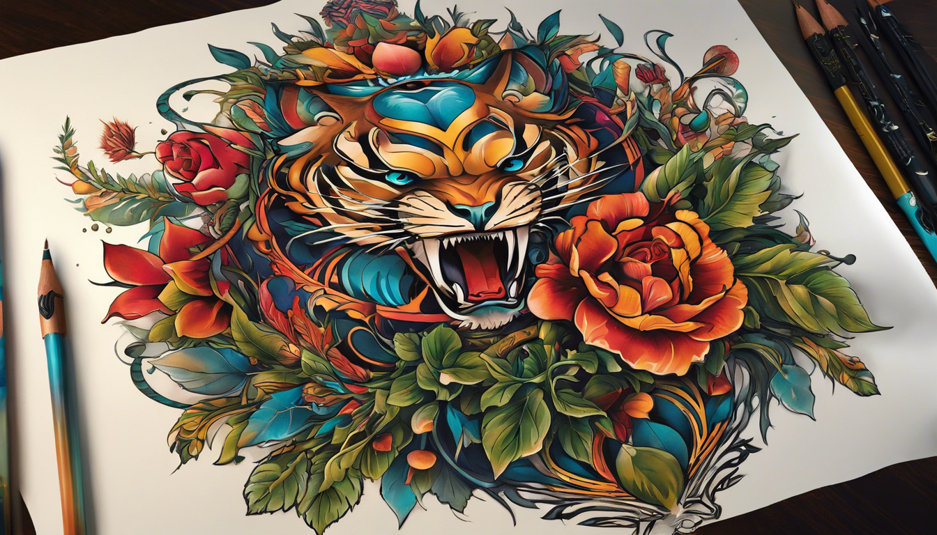 A tattoo-style image capturing the essence of "Animated Tattoo Designs for Men," with a focus on "Vibrant Nature Transformations