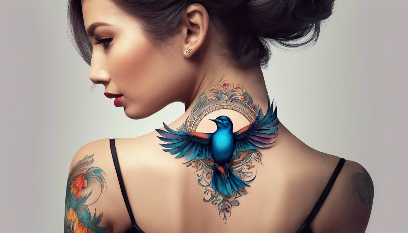 A captivating tattoo showcasing the beauty of an elegant bird perched delicately on the back of a woman's neck