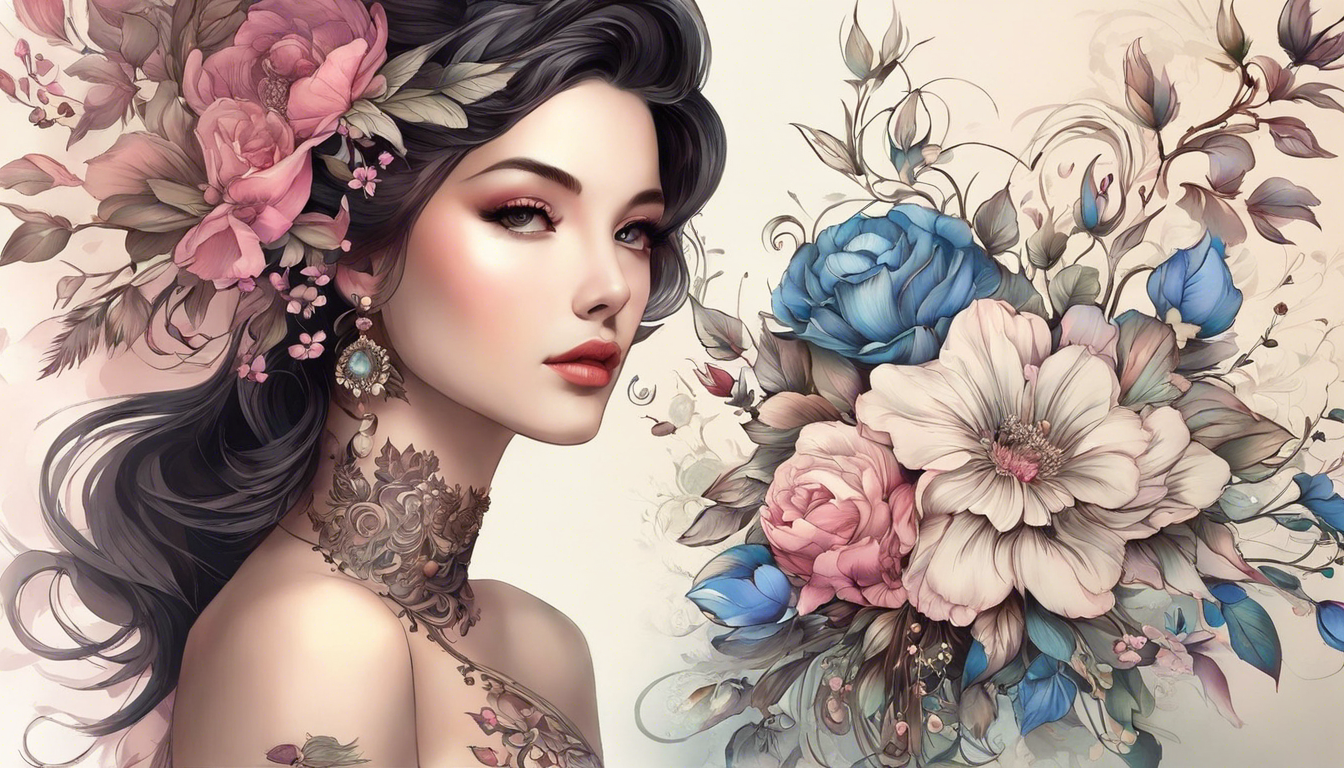 An exquisite tattoo design for women's back of the neck ink; focus on delicate floral elements