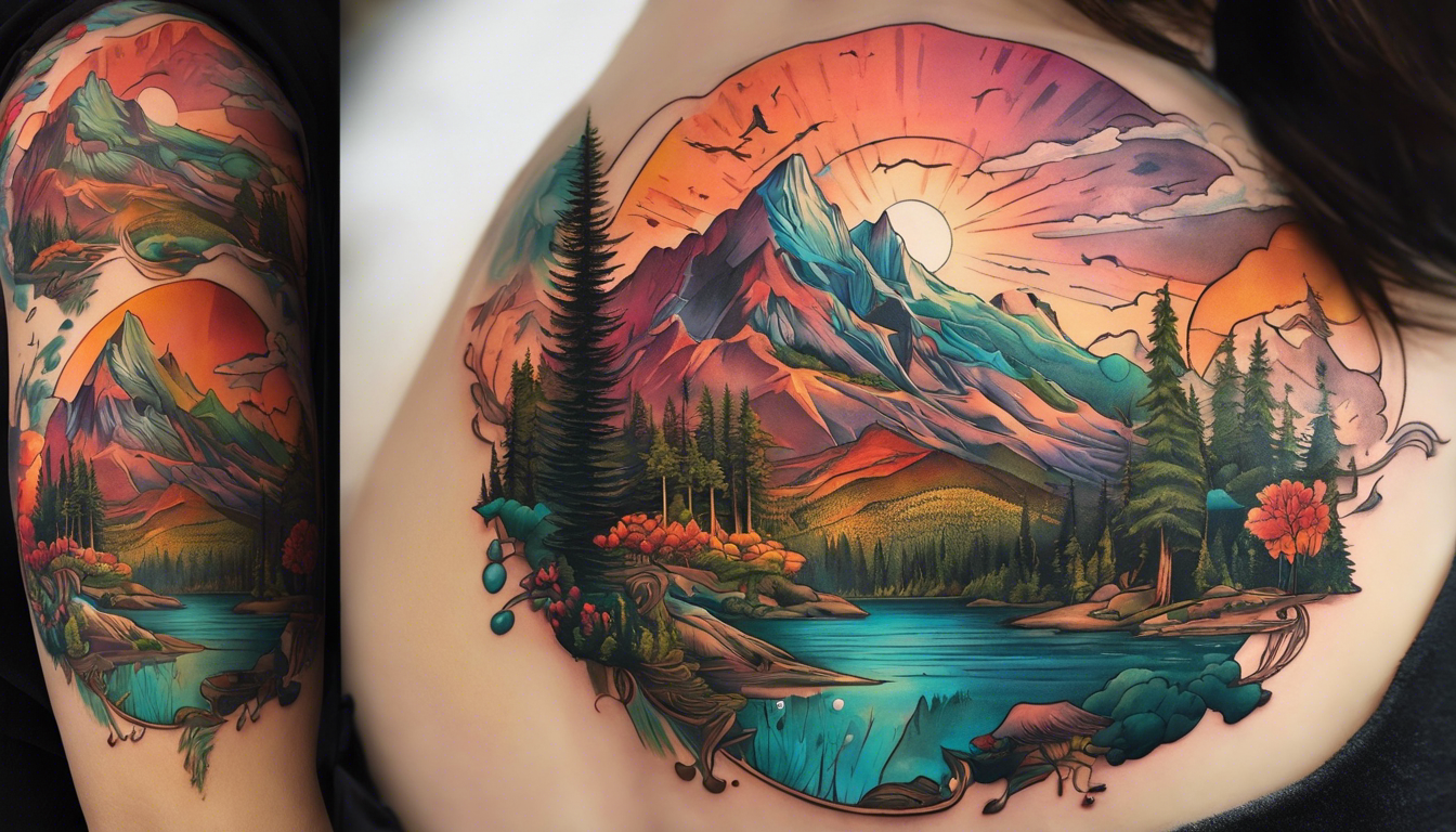 A stunning landscape tattoo on a chosen body part, using intricate visual details and tattoo-specific language