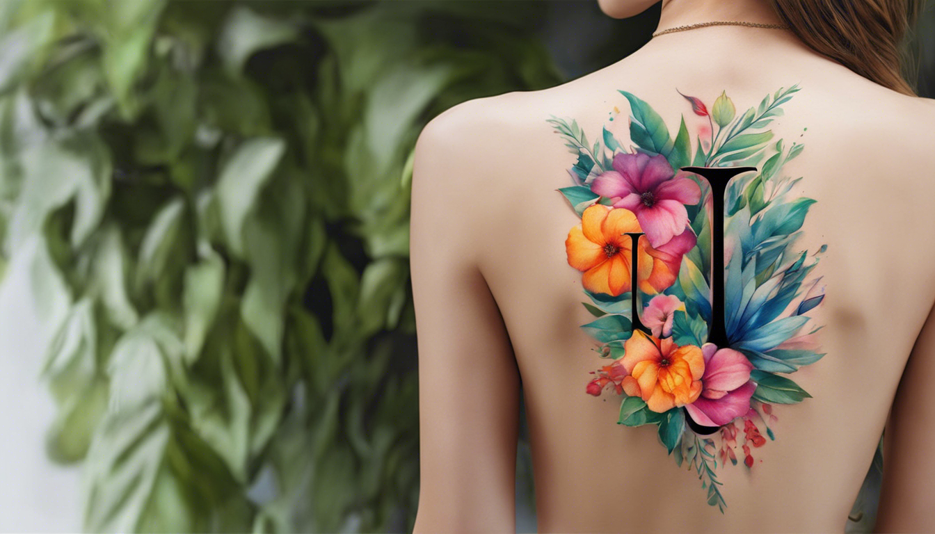 A stunning watercolor 'I' tattoo with floral elements that blends seamlessly on a chosen body part