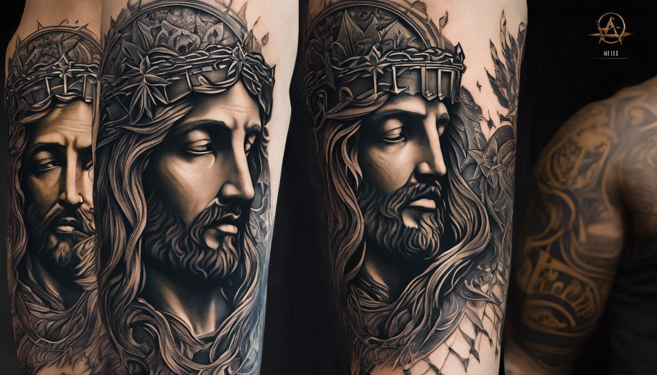 A visually stunning tattoo image of Christ's face on the arm, using intricate dotwork techniques to capture every detailed contour and expression