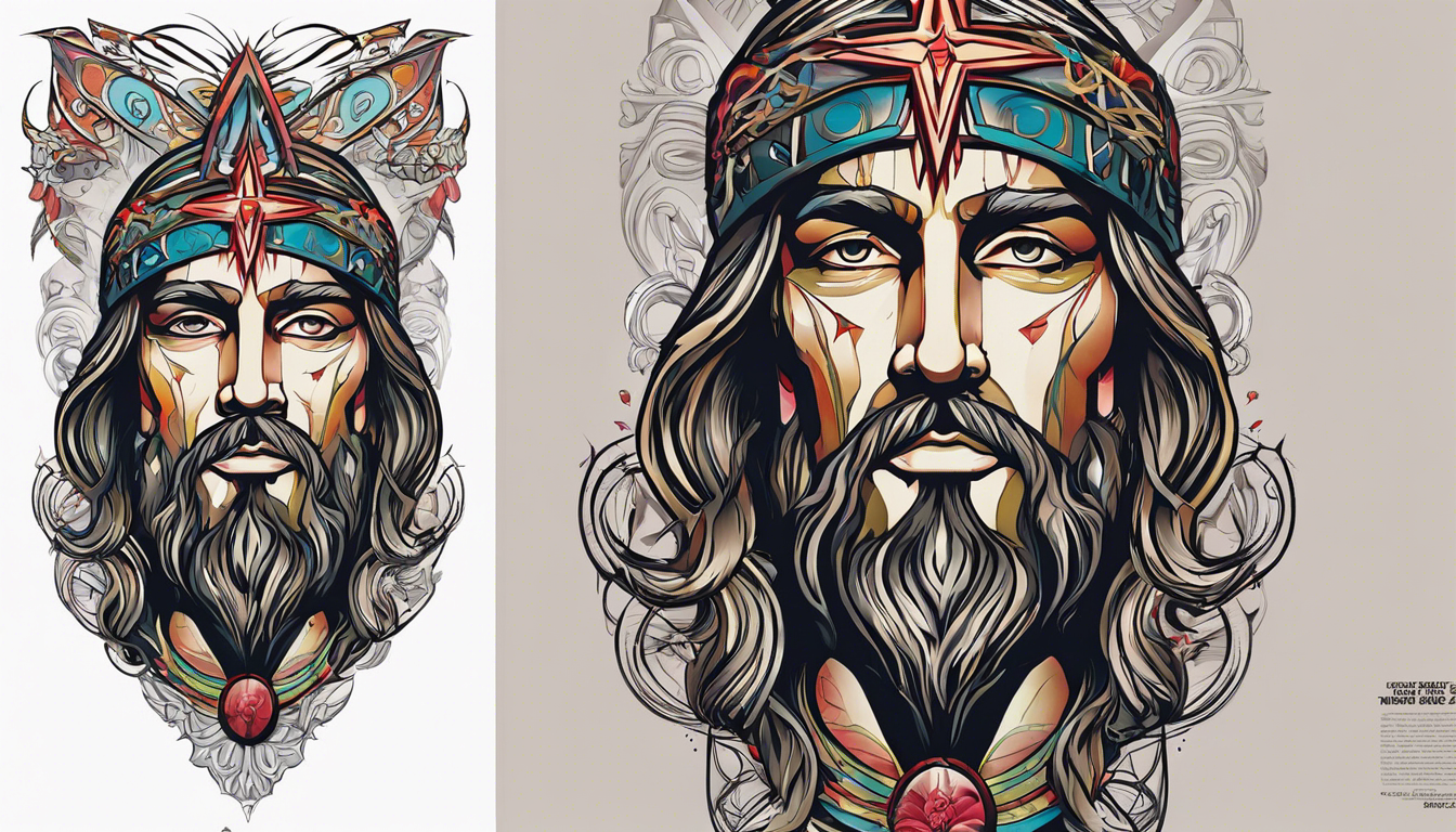 A Neo-Traditional Christ tattoo for the article "Models of Christ Face Tattoos on the Arm