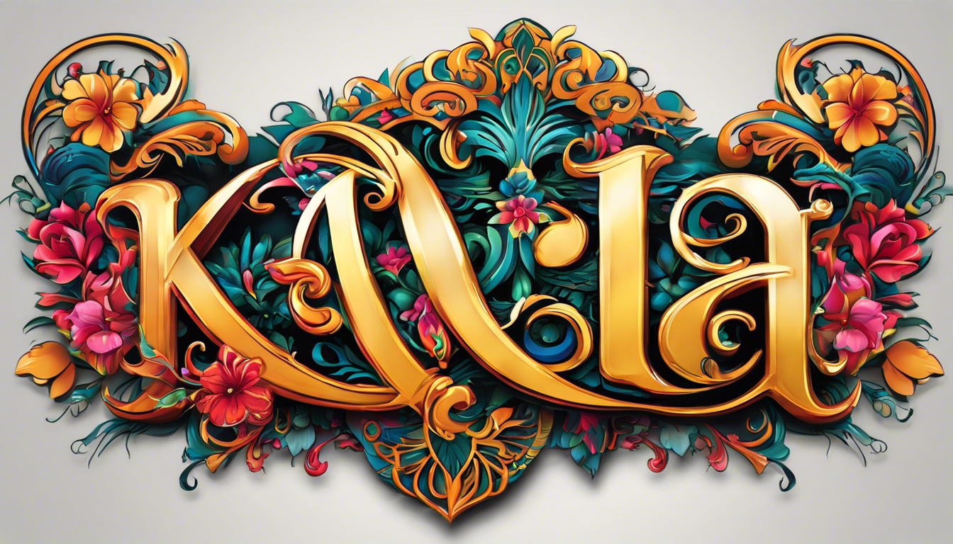 A vibrant tattoo showcasing the name 'Karla' in bold, ornate lettering, adorned with intricate floral elements