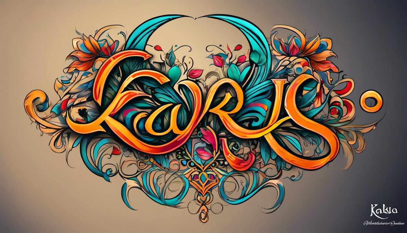 A striking tattoo design featuring the name 'Karla' adorned with intricate decorative patterns, complemented by elegant script lettering