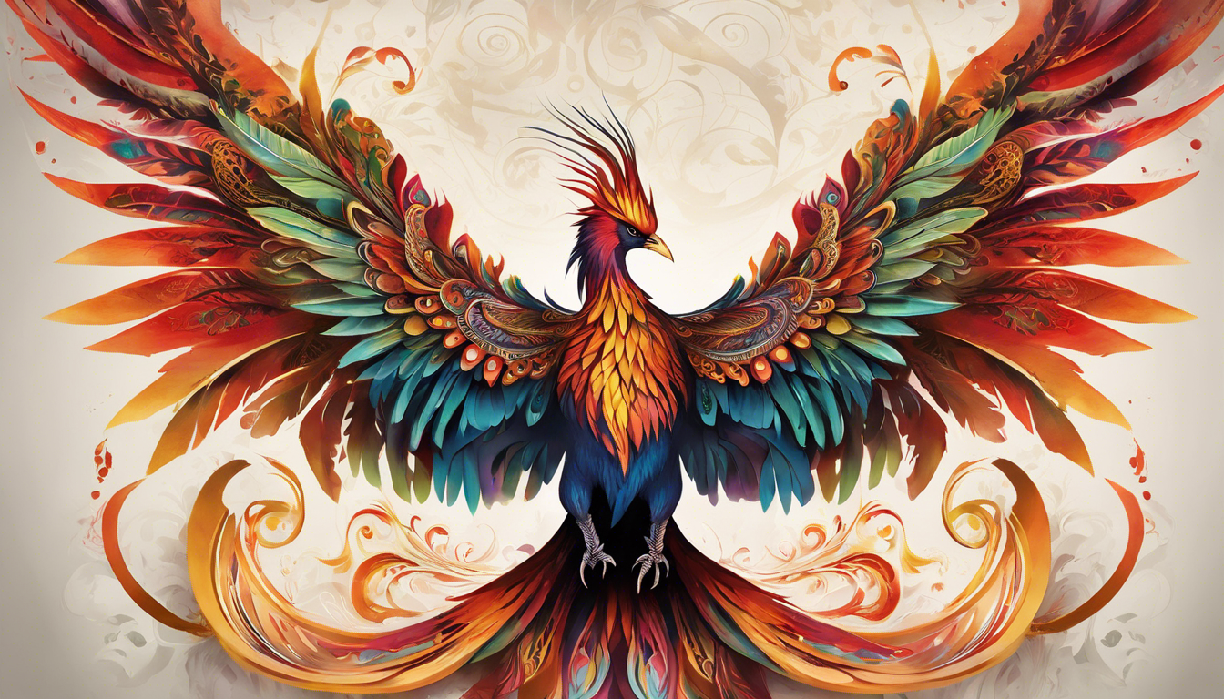 A striking tattoo-style image of a majestic Phoenix bird, incorporating intricate patterns and vibrant watercolor details