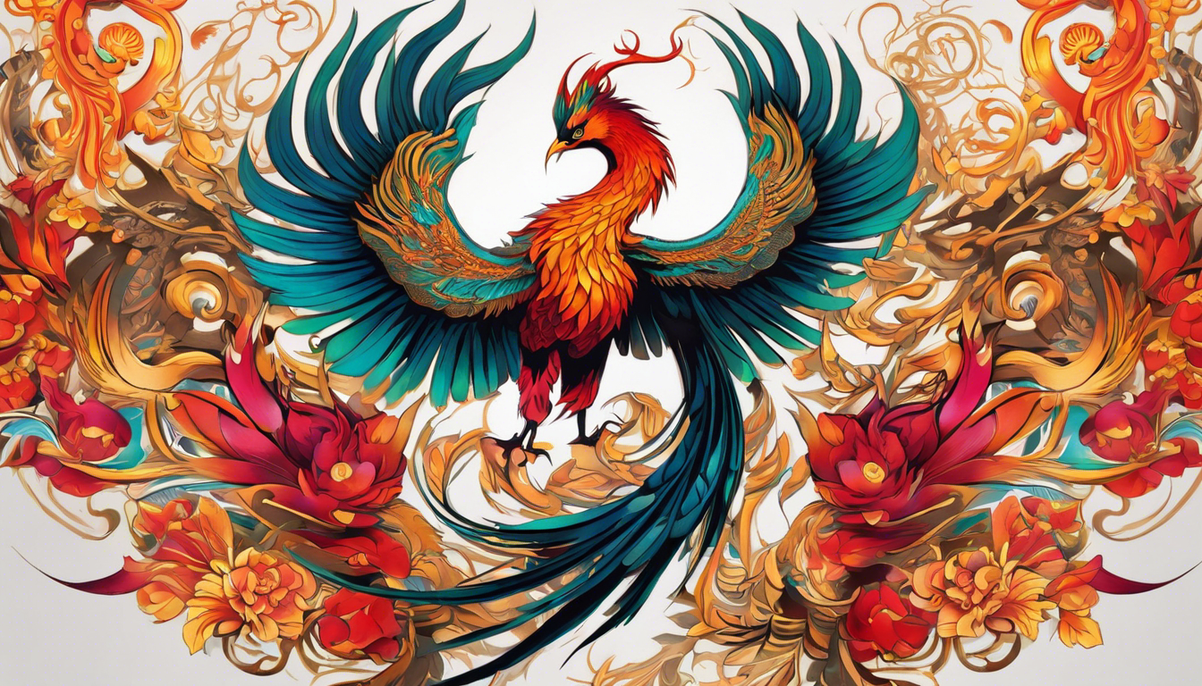 A captivating tattoo style image featuring a fierce Phoenix, utilizing vibrant colors, intricate linework, and delicate shading, to beautifully exemplify the allure and symbolism of Chinese Tattoo Patterns for Women