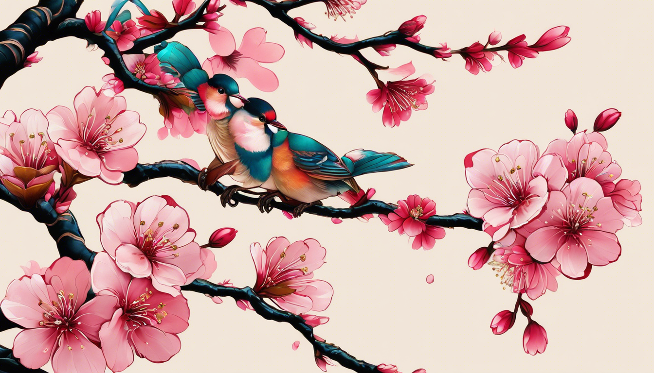 A vibrant, Chinese-inspired tattoo image showcasing the elegance of Cherry Blossom patterns exclusively for women