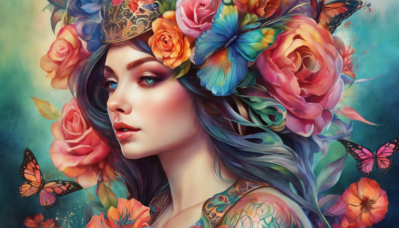  an enchanting tattoo image for 'Colorful Tattoo Patterns for Women' article, featuring whimsical watercolor tattoos