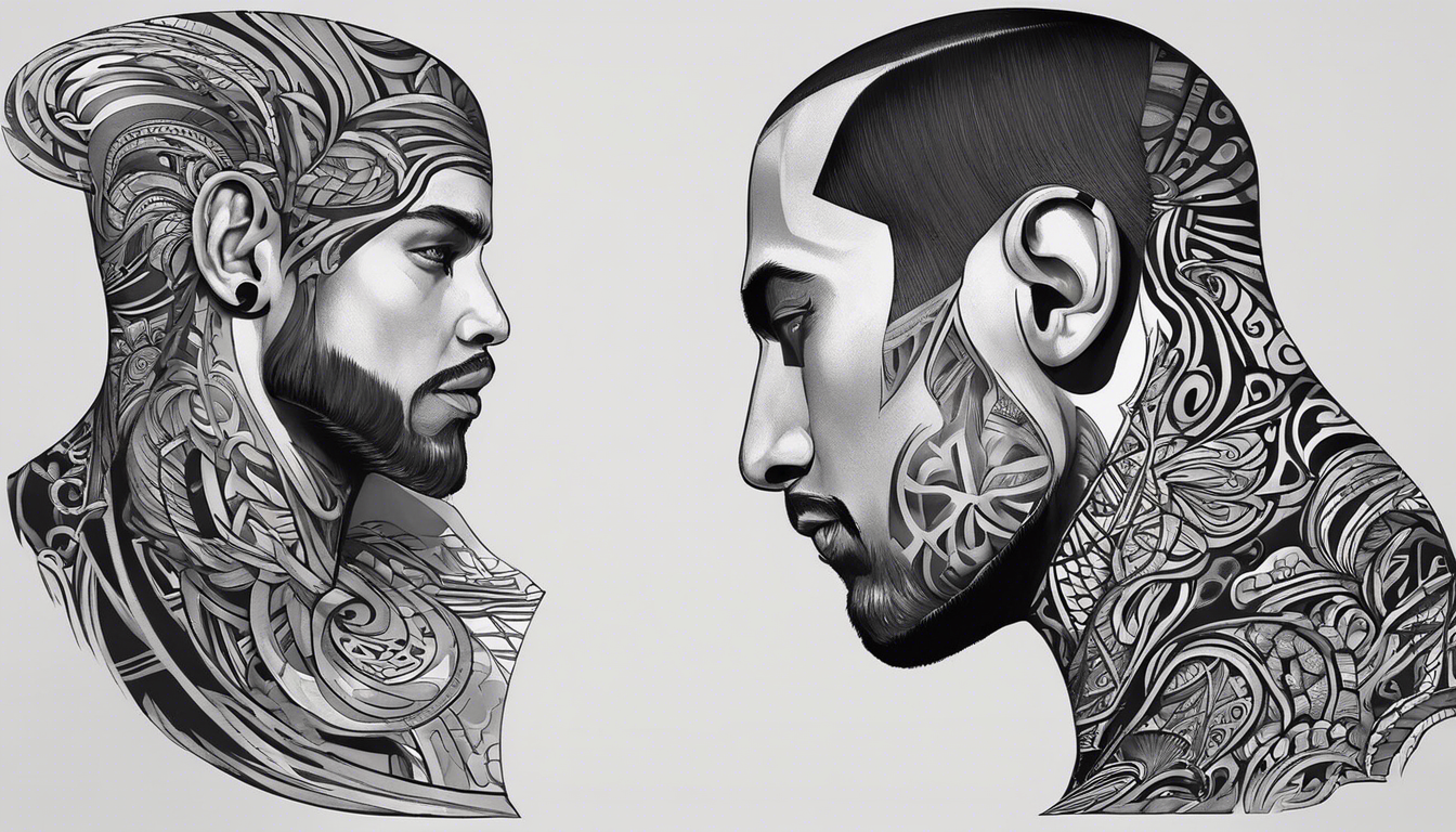 A visually striking tattoo image depicting abstract neck patterns for men