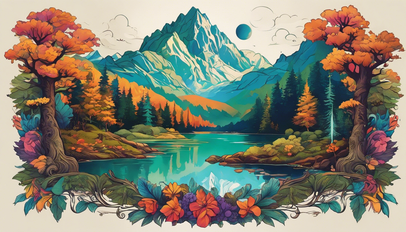 A nature-themed neck tattoo image that combines vibrant colors and intricate details, showcasing elements like majestic mountains, towering trees, and serene lakes