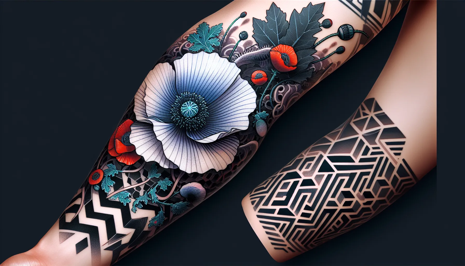 Tatuaje de manga de amapolas geometricas