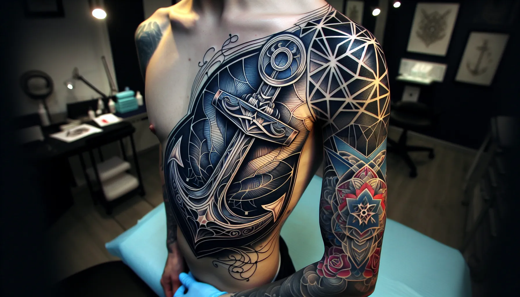 Tatuaje de manga de ancla geometrica