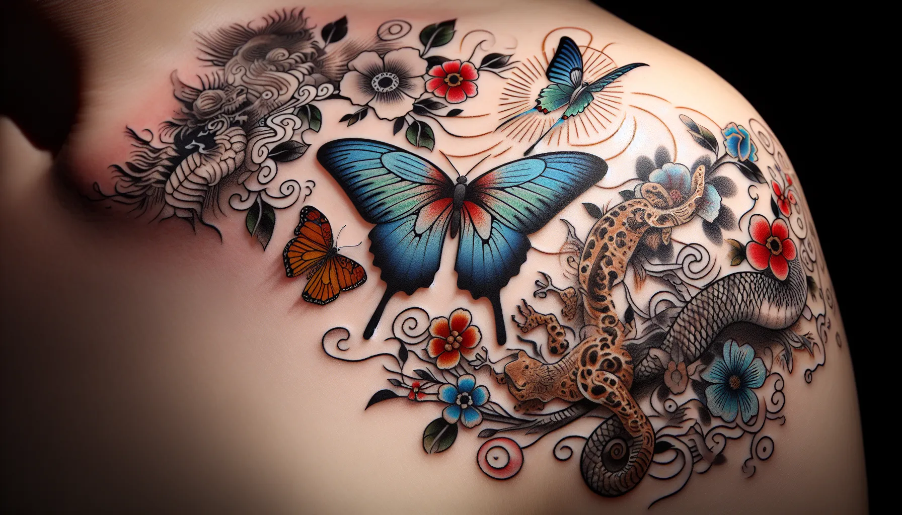 Tatuaje delicado de mariposa con animales