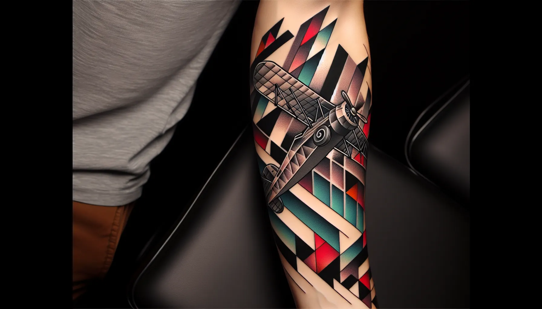 Tatuaje geometrico de avion en el antebrazo